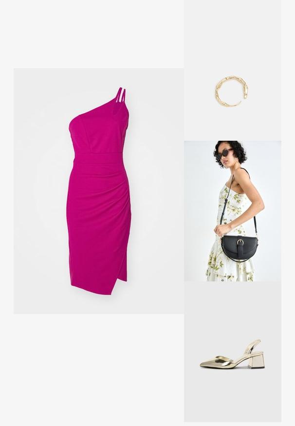 Jednodijelna haljina s jednim ramenom u svijetloj fuksija boji. Izrađena od glatkog materijala s nabranim detaljima i bočnim prorezom. Ima dva tanka remena za rame.; Zlatni metalik slingback sandali s šiljatim vrhom i debelim potpeticama. Glatka tekstura, minimalistički dizajn i uski remen.; Crna kožna torba s lukovitim oblikom, odvojivim remenom i zlatnim detaljima. Torba ima preklop s kopčom.; Prsten u zlatnoj nijansi s organskim, uvijenim dizajnom, glatkom teksturom i suženim krajevima, koji stvara moderan, skulpturalni izgled.