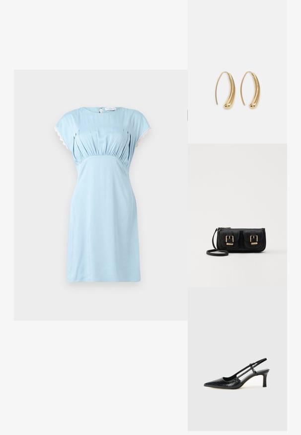 Hofmann Copenhagen CALLISTA - Dnevna haljina - lavender blue; Crne lakirane slingback pete s oštrim vrhom, s teksturiranim uzorkom zmijske kože, podesivom remenom i kratkom, teksturiranom blok-petom.; Crna kožna torba preko ramena s dva prednja džepa, zlatnim kopčama, zatvaranjem na zip i uskim remenom. Teksturirana površina i kompaktan pravokutan oblik.; Zlatne metalne naušnice u obliku obruča s zakrivljenim, izduženim oblikom. Imaju glatku, sjajnu površinu i zaobljeni vrh za dodatni detalj.