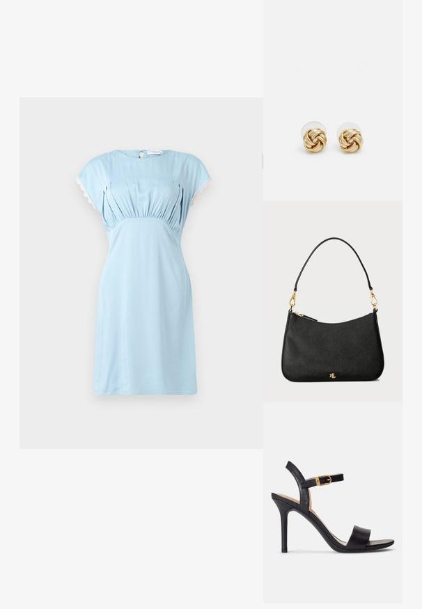 Hofmann Copenhagen CALLISTA - Denné šaty - lavender blue; Čierne sandále na vysokom podpätku s hladkým koženým vrchom, otvorenou špičkou a dizajnom s jedným pásikom s akcentom zlatého spony.; Čierna kožená kabelka so štruktúrovaným dizajnom, vybavená zipsovým uzáverom, odnímateľným popruhom a zlatými hardvérovými akcentmi.; Náušnice s uzlom v zlatej farbe s prekrúteným dizajnom. Každá náušnica má kruhové priehľadné pozadie pre bezpečné nosenie.