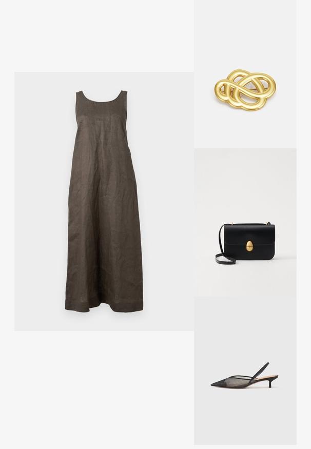 Pitkä, hihaton mekko tummanruskeasta pellavasta. Ominaisuuksina pyöreä pääntie ja suora leikkaus, yksinkertainen helma ilman koristeluja.; NEOUS IRENA - Avokkaat - black; Musta nahkakäekott struktureeritud ristküliku kujuga. Varustatud kuldse ovaalse lukuga ja õhukese õlalindiga. Sile tekstuur.; Kultasävyinen rinnaneula, jossa on solmittu muotoilu, sileät, kaarevat viivat ja monimutkainen muoto, heijastaen kiiltävää pintaa.