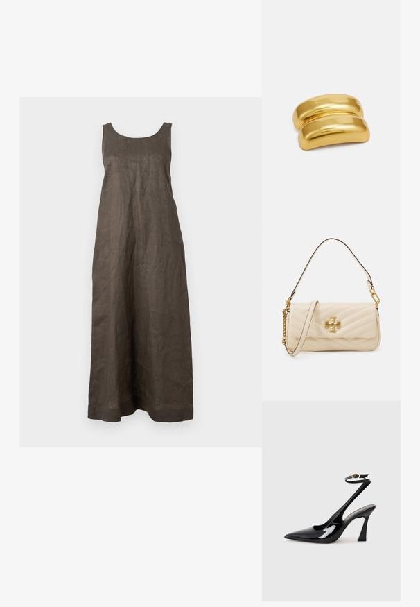 Pitkä, hihaton mekko tummanruskeasta pellavasta. Ominaisuuksina pyöreä pääntie ja suora leikkaus, yksinkertainen helma ilman koristeluja.; Musta patenttinen nahka slingback-korkokengät, joissa on teräväkärkinen muoto, säädettävä nilkkastrappi ja kohtuullinen lohkokorko. Sujuva pinta kiiltävällä viimeistelyllä.; Käsitelty kermavärinen käsilaukku, jossa on kultainen logoerikoisuus, varustettuna ketju- ja nahkahihnalla. Rakenne on jämäkkä ja pinta sileä, jossa on vinosti ommeltu kuvio.; Kultaisen metallin hiusklipsin sileä, pyöristetty muotoilu. Pinta on heijastava ja siinä on yhdistetty, kaareva muoto ilman lisäkoristeita.