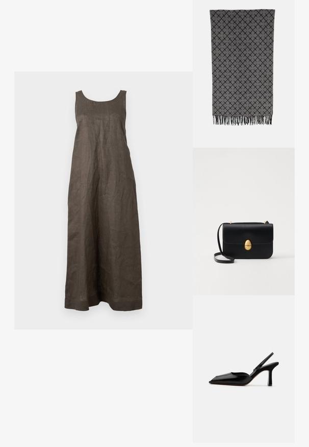 Dlhé, bezrukávové šaty z tmavohnedej ľanovej tkaniny. Majú okrúhly výstrih a rovný strih, s jednoduchým lemom bez ozdôb.; Čierne kožené sandále na podpätku s špicatou špičkou, minimalistický dizajn, tenký remienok okolo členka a elegantný stiletto podpätok. Hladká textúra.; Sivý šál so vzorom obsahujúcim diamanty v tmavosivej farbe, s třásňami na okrajoch, čo pridáva textúru. Má jemný, tkaný vzhľad.; Čierna kožená kabelka so štruktúrovaným obdĺžnikovým tvarom. Obsahuje zlaté oválne zapínanie a tenký ramenný popruh. Hladká textura.