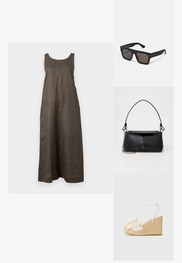 Dlouhé bezrukávové šaty z tmavě hnědého lnu. Mají kulatý výstřih a rovný střih, s jednoduchým lemem bez ozdob.; Sandal s klínem s přírodní jute platformou, béžovým textilním svrškem a dvěma vrstvami květinových detailů; obsahuje tenký nártový pásek se sponou.; Černé obdélníkové sluneční brýle s tmavými skly. Matný povrch s jemnými kovovými akcenty na nožkách. Bez viditelného loga značky.; Černá lakovaná kožená kabelka obdélníkového tvaru, řetízkový popruh a výrazné kovové zdobení uprostřed. Hladká textura.