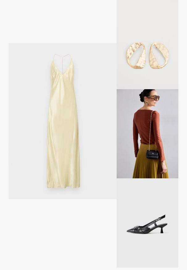 Švelnus satino sijonas šviesiai gelsvos spalvos su V formos iškirpte, plonomis petnešėlėmis ir ilga, laisvai krentančia siluetu. Turi tekstūruotą paviršių ir šoninės skelties detalę.; Juodas odinis slingback tipo batai su smailiu priekiniu atvartu, dekoratyvinėmis sagtimis su metaliniais akyčiais ir žemu blokiniu kulnu. Saldus paviršius.; Vivienne Westwood SMALL PURSE CHAIN - Rankinė per petį - black; Nedidelis nereguliarus ovalo formos aukso tono metalinių auskarų pora su tekstūruota, šiek tiek kalta paviršiumi ant balto fono.