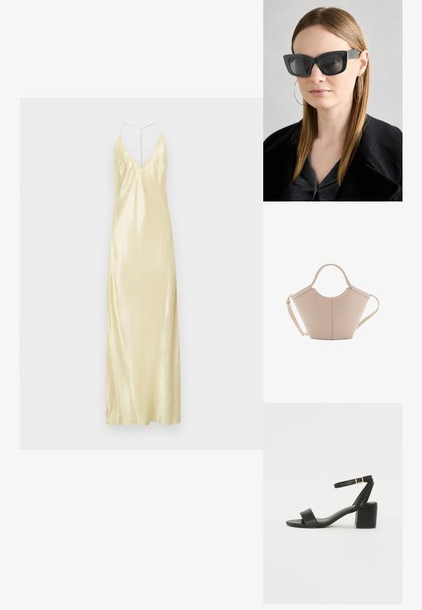 Satinové šaty na ramienka vo svetložltej farbe s výstrihom do V, tenkými ramienkami a dlhým, voľným siluetom. Majú textúrovaný povrch a bočný rozparok.; Čierne sandále na podpätku so hladkým koženým vrchom, otvorenou špičkou, širokými prednými prúžkami a nastaviteľným členkovým popruhom so zlatým prackom.; Čierne mačacie slnečné okuliare s tmavými sklami, hrubými obručami a jemnými detailami. Nosí sa s čiernym kabátom a sivým topom, pričom má dlhé rovné vlasy.; Béžová kožená kabelka s unikátnym tvarom, vybavená dvoma krátkymi uchami a jedným dlhým nastaviteľným popruhom. Hladký povrch s minimálnym kovovým príslušenstvom.