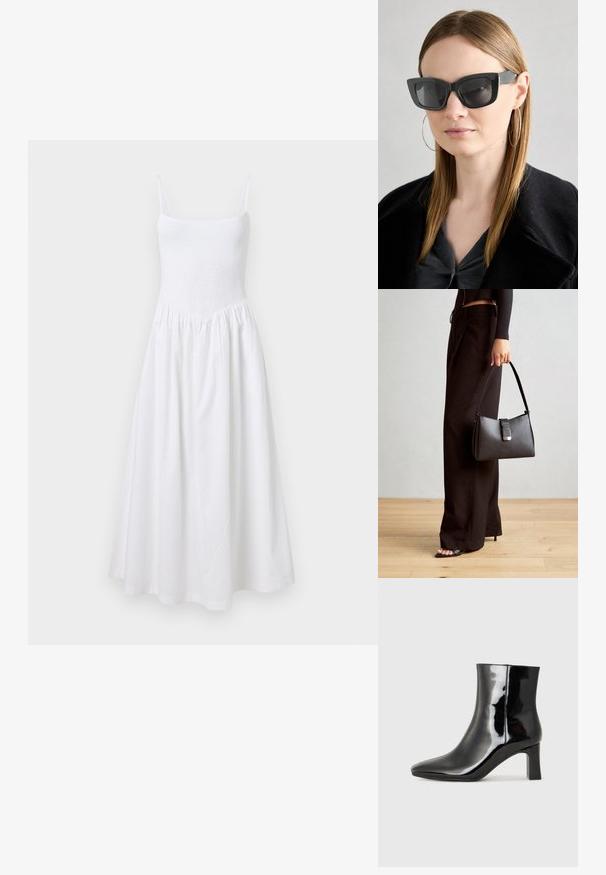 Weißes Sommerkleid mit gerafftem Oberteil, dünnen Trägern und ausgestellt Rock. Hergestellt aus leichtem Stoff, zeichnet es sich durch ein einfaches, nahtloses Design aus.; Schwarzer Lackleder-Stiefelette mit spitzer Zehe und einem mittelhohen Blockabsatz. Glatte Textur und minimalistisches Design.; Schwarze Katzenaugen-Sonnenbrille mit dunklen Gläsern, dicken Rahmen und subtilen Akzenten. Getragen mit einem schwarzen Mantel und einem grauen Oberteil, dazu lange, glatte Haare.; Schwarze Handtasche mit strukturierter Form, glatter Textur und einem metallischen Verschluss. Kombiniert mit weiten schwarzen Hosen und offenen Sandalen auf einem Holzboden.