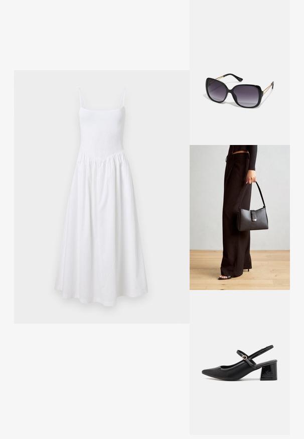 Bela sončna obleka z nabranim trupom, tankimi naramnicami in razširjenim krilom. Narejena iz lahkega materiala, ima enostaven, brezšiven dizajn.; Črne patentne usnjene salonarce s slingback obliko, s koničastim nosom, zaobljenim izrezom in blok peto. Imajo zlato kovinsko zaponko kot dodatno okrasje.; Črne prevelike sončne očala z degradacijskimi lečami, debelimi okvirji in zlatimi verižicami na ročajih.; Črna torbica z strukturirano obliko, gladko teksturo in kovinskim zaponko. Ujemajo se z širokimi črnimi hlačami in odprtimi sandali na lesenem tleh.