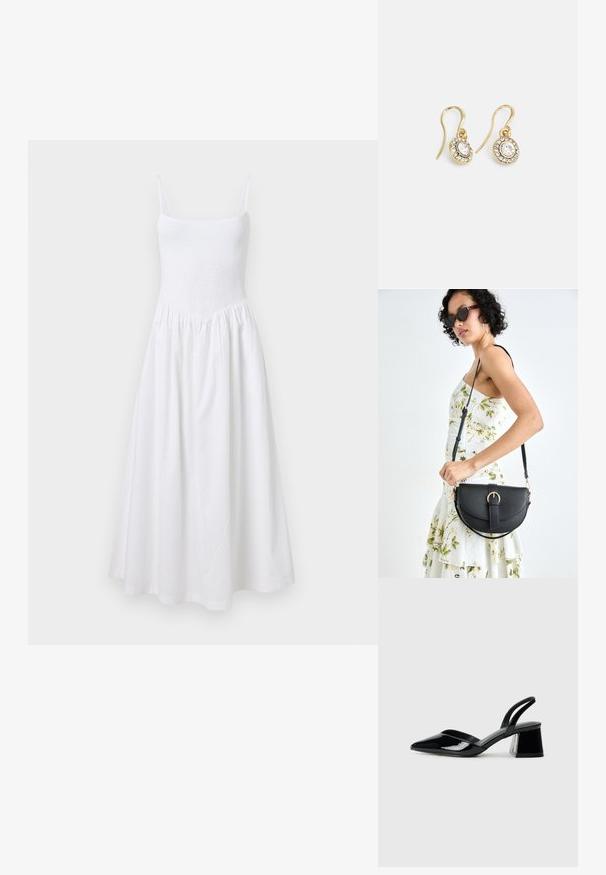 Robe d'été blanche avec un corsage froncé, des fines bretelles et une jupe évasée. Fabriquée dans un tissu léger, elle se distingue par son design simple et sans coutures.; Escarpins en cuir verni noir avec bout pointu et talon bloc géométrique. Présente un design élégant et minimaliste ainsi qu'une texture lisse.; Sac à main en cuir noir avec une forme courbée, bandoulière amovible et des accessoires en or. Le sac est doté d'un rabat avec un détail de boucle.; Boucles d'oreilles en ton or avec des cristaux transparents en forme d'ovale entourés de plus petits cristaux transparents, dotées d'un design à crochet pour un port sécurisé.