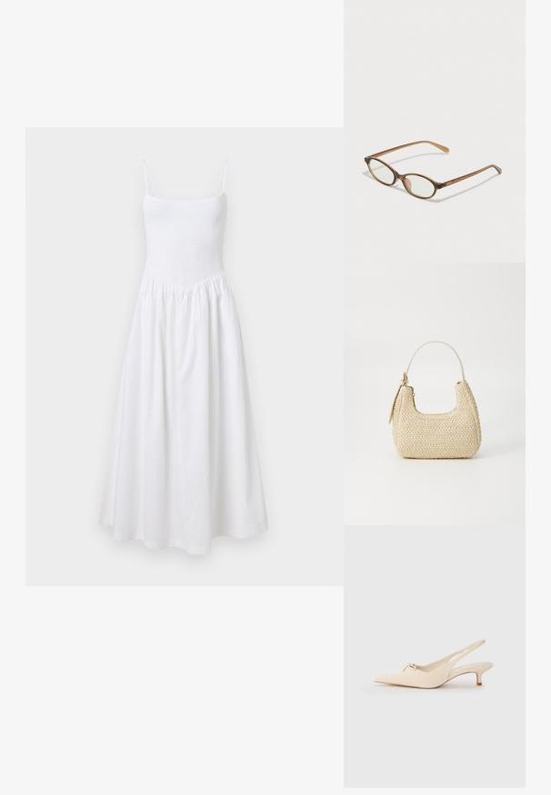 Biela slnečná šaty so smockovaným korzetom, tenkými ramienkami a rozšírenou sukňou. Vyrobené z ľahkej tkaniny, s jednoduchým a bezšvovým dizajnom.; Súkne s pootočeným prstom v off-white koži, s malou mašľou a nízkym kitten podpätkom. Hladká textúra, minimalistický dizajn.; Hnedé želvovinové okuliare s oválnymi sklíčkami, tenkými ramenami a priesvitnými akcentmi. Obsahujú jemný logo na stranici. Štýlový, ľahký dizajn.; Tkaná slamenná kabelka v béžovej farbe s oblým tvarom, krátkym uškom a bočným zipsom. Má textúrovaný povrch a minimalistický dizajn.