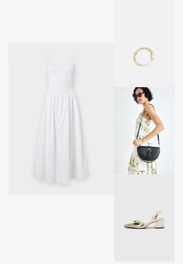 Valge päikesekleit volitatud bodiciga, õhukeste rihmadega ja laieneva seelikuga. Valmistatud kergest kangast, omab lihtsat ja sujuvat disaini.; Kuldne, metallilised slingback-kudumid terava varba ja paksu kontsaga. Sile tekstuur, minimalistlik disain ja kitsas rihm.; Mustmust mustraha kõverate joontega, eemaldatava rihmaga ja kuldsete detailidega. Kotil on klapp, millel on pandladetail.; Kuldtoonis sõrmus, millel on orgaaniline, keerdunud disain sileda tekstuuri ja kitsenevate otstega, luues kaasaegse skulptuurilise välimuse.