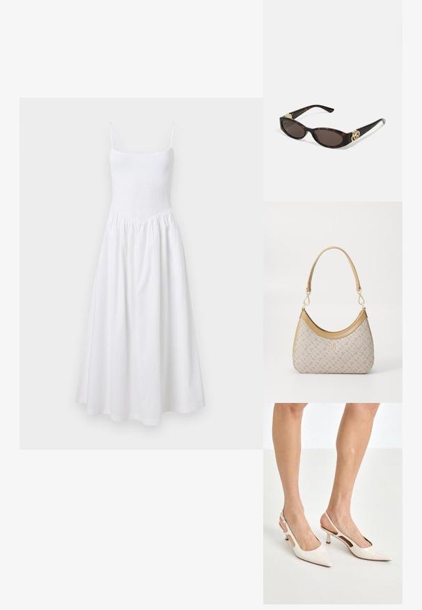 Witte zomerjurk met een smock-borstmouw, dunne bandjes en een uitlopende rok. Gemaakt van een lichte stof, met een eenvoudig, naadloos ontwerp.; Beige gepatineerde leren slingback hakken met een spitze neus en een hak van 5 cm, met uitsparingen aan de zijkanten en een dunne enkelband.; Schildpadbril met langwerpige ovale lenzen, bruine tint, gouden logo-accenten op de pootjes en slanke zwarte armen.; Beige handtas met een patroon en een gebogen vorm, leren accenten en een goudkleurig logo aan de voorkant. Beschikt over een kort handvat voor gemakkelijk dragen.; Parel- en kristallen ketting met een ronde, gehaakte ontwerp in lichte tinten, met afwisselend parels en sprankelende accenten, gedragen om de hals.
