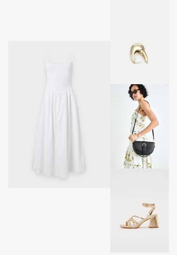 Hvit sunndress med en smocket bodice, tynne stropper og en utsvingt skjørt. Laget av lett stoff, har et enkelt, sømløst design.; Gyldne metalliske hæle-sandaler med en strappy design, kvadratisk blokhælhæl og justerbar ankelrem med spænde. Glat tekstur.; Svart lærveske med en buet form, avtagbar stropp og gullbeslag. Vesken har et klaff med spenne-detall.; Gullfarget metalløredobber med et elegant, buet design. Har en karakteristisk spiss form, polert overflate og hengsel-lukking.