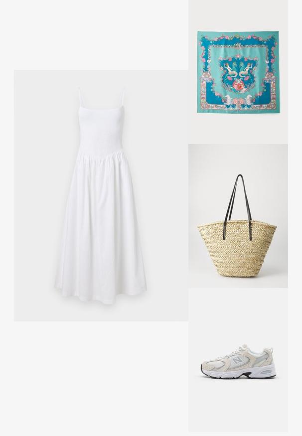 Fehér nyári ruha smockolt melltartóval, vékony pántokkal és bővülő szoknyával. Könnyű anyagból készült, egyszerű, varrat nélküli kialakítással.; Sportcipő, amely világosszürke hálós felsőrésszel és velúr részletekkel rendelkezik, fehér fűzőkkel és fekete gumitalppal. Kiemelkedő ABZORB párnázás részlet.; Türkiz selyem sál bonyolult tengeri témájú mintákkal, beleértve a sellőket, kagylókat és korallokat, díszes kerettel körülvéve.; Szőtt szalmából készült táska, széles, kúpos formával, két fekete bőrkarral. Természetes bézs szín, texturált felülettel.