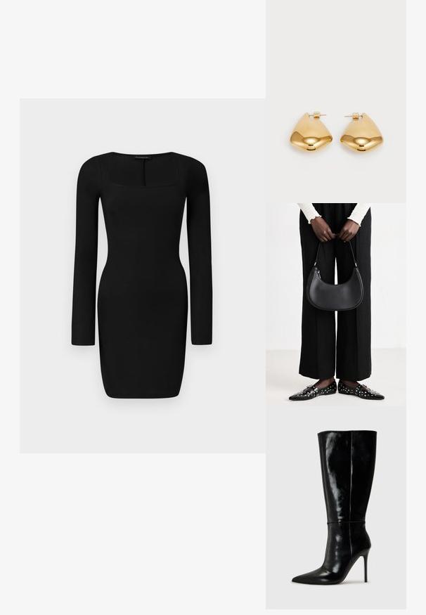 Svart langermet kjole laget av ribbestrikket stoff, med firkantet utringning og en tettsittende silhuett, med lengde til midten av låret.; Sorte skinnkne-høye støvler med spiss tå og høye stiletthæler. Glatt tekstur og elegant design, med minimal detaljering.; Svart skinn skulderveske med en avrundet form, glanset overflate og sølvfargede detaljer. Person iført sorte vide bukser og naglede loafers.; Øreringer i gulltone laget av metall, med en glatt, avrundet trikantform og stift-bakdesign; reflekterende overflate med minimal detaljer.