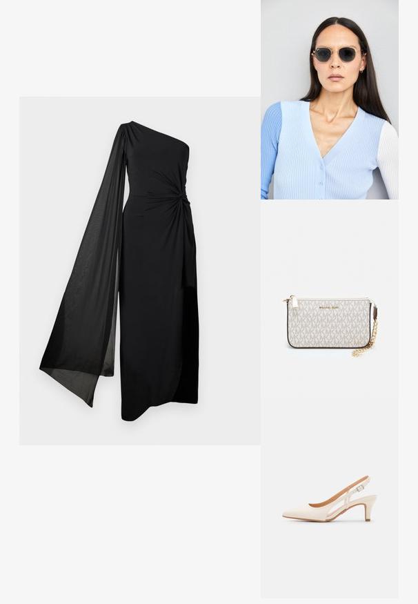 Sorte kjole med én skulder, med knyttet midje detalj og en flytende, gjennomsiktig erme. Laget av glatt, lett stoff med en rett design.; Hvit slingback-hel med spiss tå, glatt overmateriale, lav blokkhelt, og cut-out-design på siden med justerbar spenne.; Runde solbriller med mørke linser og guldrammer. Modellen har en lyseblå, ribbet cardigan med knapper og kontrast hvide ærmer på.; Michael Kors håndleddsveske i beige belagt kanvas med et gjentakende MK-logo mønster, gullfarget maskinvare og en avtakbar kjede-rem.