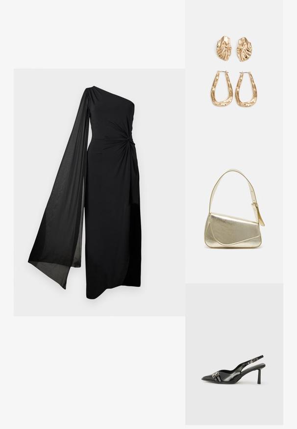 Vienos peties juoda suknelė su surištu juosmens akcentu ir plazdančia permatoma rankove. Pagaminta iš lygaus, lengvo audinio, su tiesia konstrukcija.; Juodas lakuotas odinis batelis su smailiu pirštu, kulkšnies dirželiais su sidabrinėmis sagtimis ir detalėmis, bei plonu kulnu.; Aukso metalinės rankinės su struktūrizuotu dizainu, lygaus paviršiaus ir reguliuojama dirželiu. Pasižymi unikaliu trikampiu pavidalu ir minimalizmu siuvinėjime.; Auksinės auskarai, turintys tekstūruotus, bangų formos elementus. Įeina skulptūriniai segami auskarai ir atviri lankai su išmuštu paviršiumi.