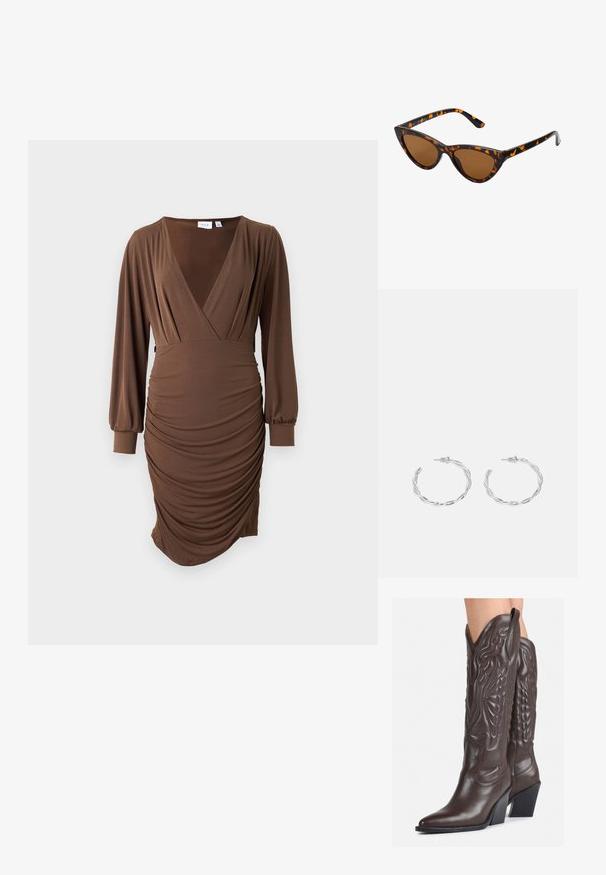 Vestido marrón hecho de una tela suave, con un escote en V profundo, mangas largas y textura fruncida en el costado, con una silueta ajustada.; Botas de vaquero de cuero marrón con punta afilada y tacón cuadrado, que presentan costuras detalladas y acentos elevados en el caño.; Gafas de sol estilo ojo de gato con montura de carey negra y naranja, lentes marrones y puntas elegantes y afiladas. Presenta un logo minimalista en la patilla.; Pendientes de aro de plata con diseño retorcido, que presentan un acabado pulido y cierre de presión. Miden aproximadamente 3 cm de diámetro.