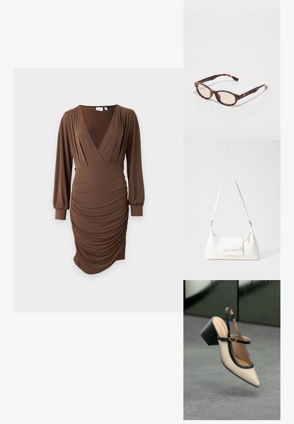 Barna ruha puha anyagból, mély V nyakkivágással, hosszú ujjal és oldalt gyűrött textúrával, testre simuló siluettel.; Beige, hegyes orrú, pántos cipő fekete díszítéssel, arany csattal és vastag blokk sarokkal, szürke padlón, sötétzöld háttér előtt.; Tortáboros napszemüveg lekerekített formával és világos lencsékkel. Masszív karokkal rendelkezik, apró arany részletekkel, műanyagból készült.; Fehér szintetikus kézitáska, háromszög alakú, lapos előlap, masni részlettel, állítható pánttal, sima textúrával és minimalista dizájnnal.