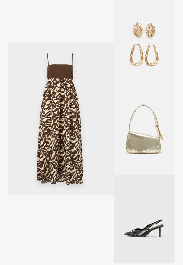 Vestido maxi impreso en marrón y blanco roto con parte superior ajustada, tirantes finos y falda acampanada que presenta patrones de hojas orgánicas.; Zapato de charol negro tipo slingback con punta afilada, correas al tobillo con hebillas y herrajes de plata, y un tacón delgado.; Bolso de mano metálico dorado con un diseño estructurado, textura suave y correa ajustable. Presenta una forma triangular única y un cosido minimalista.; Pendientes en tono dorado que presentan formas texturizadas y onduladas. Incluyen aros de clip esculturales y un diseño de aro abierto con un acabado martillado.