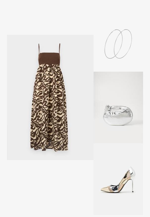 Brūns un krems krāsas maksikleita ar pieguļošu augšu, tievām siksnām un izplestu svārku, kurā redzami organiskas lapu raksti.; Apspīlēta augstpapēžu kurpe ar zeltītu, sudrabi un neitrālu krāsu kombināciju. Spīguļojoša virsma ar izgriezuma dizainu, aprīkota ar stiletto papēdi.; Sudraba metāliska poga somiņa ar mīkstu, noapaļotu formu un mezgla augšējo aizdari. Izgatavota no gludas mākslīgās ādas materiāla.; Sudraba gredzenveida auskari ar minimālistisku dizainu. Cirkulāra forma, gluda tekstūra un plāns profils. Vieglu svaru ar spīdīgu apdari.