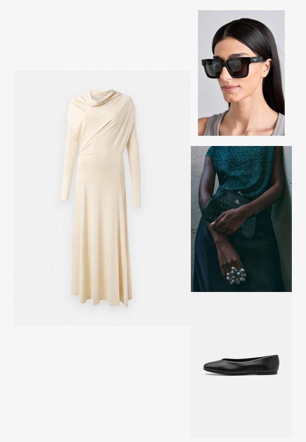 Pitkähiuksinen, beige mekko, joka on valmistettu pehmeästä, valuvasta kankaasta. Mekossa on kaarroke ja virtaava siluetti, joka ulottuu lattiaan.; Paul Smith TOPANGA - Ballerinat - black; Mustat ylisuuruiset aurinkolasit neliönmuotoisilla kehyksillä, tummilla linsseillä ja hillityllä siipilogolla varustetulla sangan kohdalta. Sivuilla on teksturoidut yksityiskohdat.; Musta krokotiilihäntäinen penaali, jossa on hopeiset yksityiskohdat, pidetään teksturoitua harmaata taustaa vasten. Pintamateriaali kiiltävä.