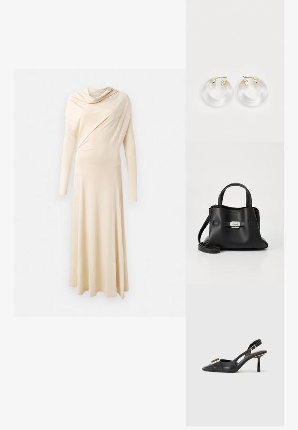 Pikad varrukad, beež kleit, mis on valmistatud pehmest, voogavast kangast. Omab kaelaaukudega kaelust ning voolavat siluetti, mis ulatub põrandani.; Must musta slinga-seljak, terav varvas, peen kont ja kuldse tooni aksessuaar vampiiril. Sile tekstuur ja struktureeritud disain.; Mustmust kott, millel on tekstuuriga viimistlus, sisaldab kahte ülemist kättehaaret, eemaldatavat õlarihma ja hõbedast luku detaili.; Selged akrüülist rõngas kõrvarõngad kuldsetooniliste metallaktsentidega ning poleeritud viimistlusega. Omab sujuvat, ringikujulist disaini.