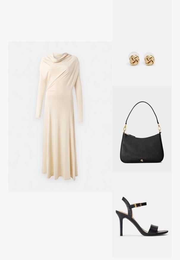 Rochie bej cu mâneci lungi, dintr-un material moale, drapat. Prezintă un guler tip cowl și o siluetă fluidă care se întinde până la podea.; Sandale înalte negre, cu toc, cu un superior din piele netedă, vârf deschis și un design cu un singur bretele, accentuat cu o cataramă aurie.; Geantă de mână din piele neagră cu un design structurat, având închidere cu fermoar, curea detașabilă și accente din metal auriu.; Cercei cu tija aurie, cu un design răsucit. Fiecare cercel are un fundal circular transparent pentru o purtare sigură.