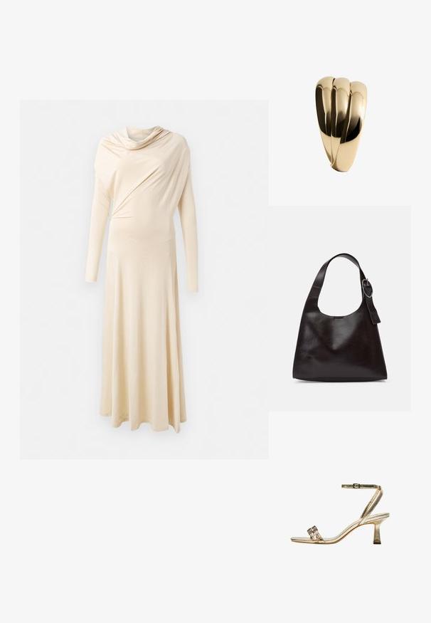 Dlhý rukáv, béžové šaty vyrobené z mäkkej, splývavej látky. Majú hlboký výstrih a splývavý strih, ktorý siaha až na podlahu.; Zlaté kovové sandále na vysokom podpätku s popruhom okolo členka, dvoma úzkymi prednými pásmi a blokovým podpätkom. Obsahuje dekoračné ozdoby.; Hnedá kožená taška cez rameno s hladkým povrchom, zaobleným tvarom, širokým popruhom a kruhovým kovovým akcentom na rúčke.; Mango Náramok - gold-coloured