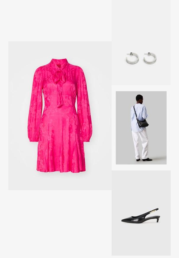 Rochie florală roz cu mâneci lungi, guler înalt și un detaliu cu fundă la gât. Fabricată dintr-un material lucios, cu fustă evazată.; Sandale slingback din piele neagră cu vârf ascuțit, având un toc subțire și un accent de culoare aurie pe curea ajustabilă. Textură netedă.; Geantă de umăr din piele neagră cu o textură moale, formă triunghiulară și curea ajustabilă, asortată cu o bluză cu dungi albastre deschise și pantaloni albi.; Cercei din argint sub formă de cerc, cu o suprafață netedă și un rând de pietricele clare mici de-a lungul marginii inferioare, având un sistem de prindere cu tijă.