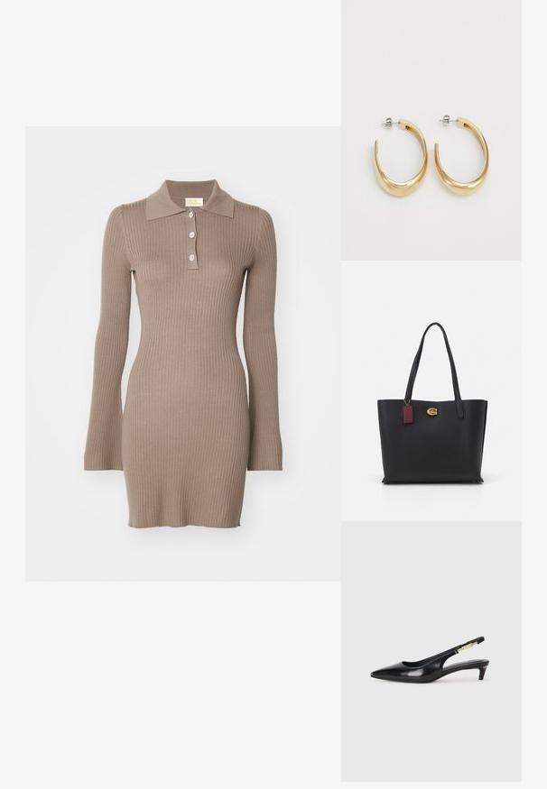 Kootud polo kleit heles Browni värviga, ribakujundusega, pikad varrukad ja kolm nuppe kaeluse juures. Sile kangaste viimistlus.; Mustad nahast slingback kontsad terava ninaga, millel on õhuke konts ja kuldse tooni aktsent reguleeritaval rihmal. Sile tekstuur.; Must musta kott, millel on kaks pikka sangat, tekstuuriga viimistlus, kuldne riistvara ja burgundi värvi silt. Ruumikas disain avatud ülaosaga.; Kuldse tooniga kõrvarõngad, millel on sile ja kaarjas disain. Valmistatud metallist, omavad nad stiilset viimistlust ja kinnitust tagaküljelt.