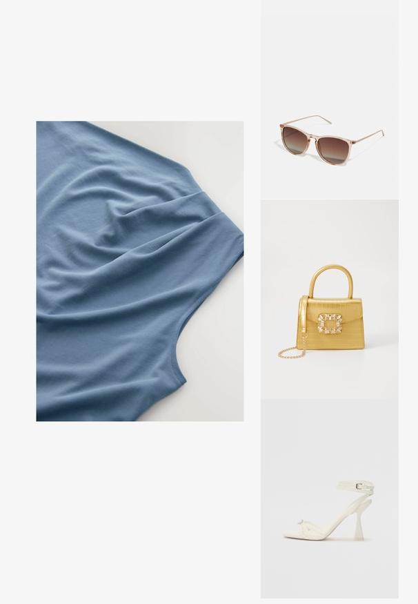 Camiseta azul vista desde arriba, con una tela suave de textura lisa, pliegues drapeados y un escote redondeado.; Sandalía de tacón alto con tiras en cuero blanco, con un diseño elegante, un tacón bloque transparente y un elemento decorativo en la punta.; Gafas de sol con degradado marrón y un marco translúcido rosa, forma cuadrada y brazos de metal delgados. Presenta bordes redondeados y un diseño minimalista.; Bolso de mano de imitación cocodrilo amarillo con un diseño estructurado, asa superior, correa de cadena desmontable y embellecimiento de cristal decorativo en el cierre.