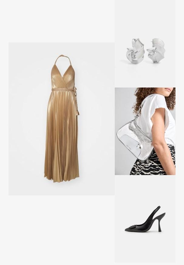 Alice + Olivia TRESA DRESS SLIT - Îmbrăcăminte de ocazie - gold; Pantofii slingback din piele neagră, cu vârf ascuțit, toc subțire și un accent decorativ sub formă de fundiță. Textură netedă și design elegant.; Geantă de umăr metalică argintie, cu o textură netedă, design curbat, curea din lanț și un panou frontal lustruit, având o gravură subtilă a logo-ului.; Cercei din argint cu un design fluid, spiralat. Textură netedă cu o finisare lustruită. Prezintă un aspect subtire, strălucitor și fără embellishments vizibile.