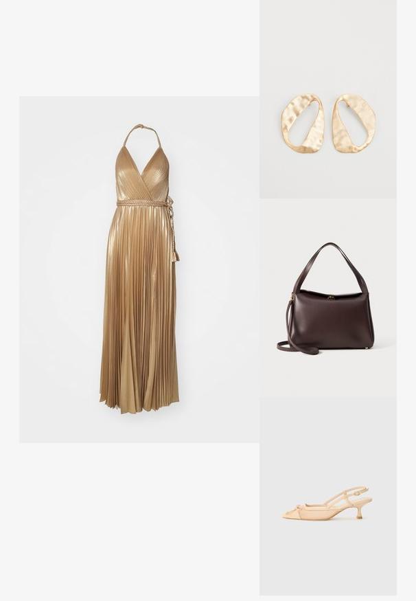 Alice + Olivia TRESA złoty; Stuart Weitzman KITTY beżowy; Brązowa skórzana torebka o uporządkowanym kształcie, z pojedynczym uchwytem u góry i odczepianym paskiem na ramię. Złote detale metalowe.; Para nieregularnych, owalnych kolczyków ze złotego metalu o teksturowanej, lekko młotkowanej powierzchni na białym tle.