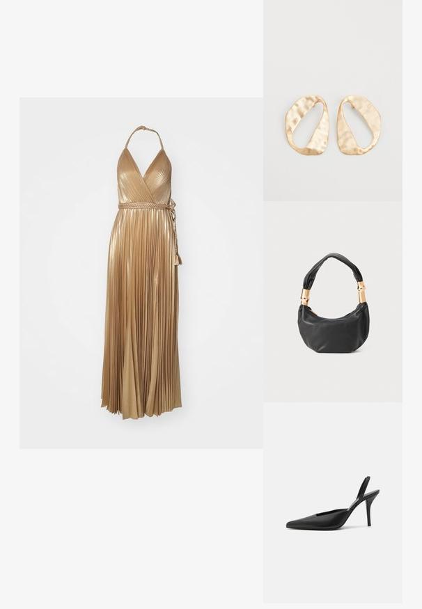 Alice + Olivia TRESA DRESS SLIT - Společenské šaty - gold; Černé lodičky na podpatku s špičatou špičkou, hladkým koženým materiálem a elegantním, minimalistickým designem. Vysoký jehlový podpatek.; Černá kožená kabelka s kulatým tvarem, měkkou texturou a uzlovou rukojetí se zlatými kovovými detaily. Zapínání na zip.; Pár nepravidelných oválných náušnic z kovu pozlaceného zlatem s texturovaným, mírně kladivkovým povrchem na bílém pozadí.