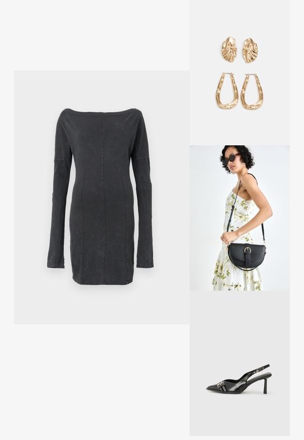 Vestido preto, ajustado, sem alças, com mangas longas, apresenta uma textura suave e um brilho sutil, com detalhes de costura ajustados em toda a peça.; Sapato slingback preto em pele patentada com bico apontado, tiras no tornozelo apresentando fivelas e acessórios prateados, e um salto elegante.; Bolsa de couro preta com forma curva, alça destacável e detalhes em dourado. A bolsa possui uma aba com detalhe de fivela.; Brincos em tom de ouro com formas onduladas e texturizadas. Inclui studs escultóricos com presilha e um design de argola aberta com um acabamento martelado.