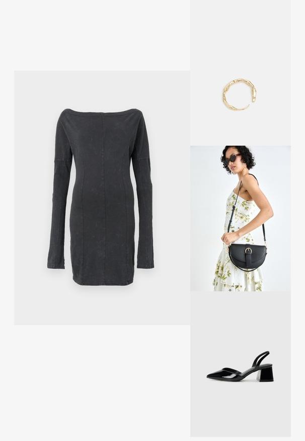 Must have keha õlgadelt avatud must kleit, millel on pikad varrukad, sile tekstuur ja õrn sära, elegantne õmbluste detailide disain.; Mustad musta lakknahk kingad, millel on terav varvas ja geomeetriline plokkkonts. Omab elegantselt minimalistlikku disaini ja sujuvat tekstuuri.; Mustmust mustraha kõverate joontega, eemaldatava rihmaga ja kuldsete detailidega. Kotil on klapp, millel on pandladetail.; Kuldtoonis sõrmus, millel on orgaaniline, keerdunud disain sileda tekstuuri ja kitsenevate otstega, luues kaasaegse skulptuurilise välimuse.