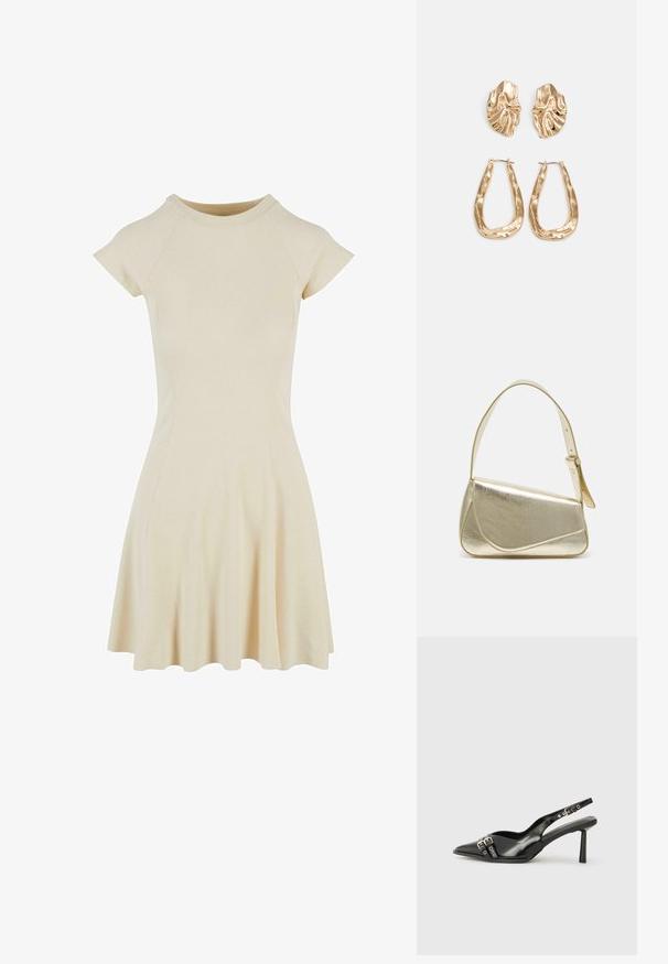 Kremowa sukienka w prążki, z dopasowaną górą, krótkimi rękawami raglanowymi i rozkloszowanym dołem. Gładka tekstura i prosta, okrągła dekolt.; Czarne lakierowane buty typu slingback z ostrym noskiem, paskami na kostkach z srebrnymi klamrami i elementami metalowymi oraz smukłym obcasem.; Złota metaliczna torebka o strukturalnym designie, gładkiej powierzchni i regulowanym pasku. Charakteryzuje się unikalnym trójkątnym kształtem i minimalistycznym przeszyciem.; Złote kolczyki w odcieniu, prezentujące teksturowane, faliste kształty. Zawierają rzeźbiarskie klipsy i otwarty projekt kółek z młotkowanym wykończeniem.