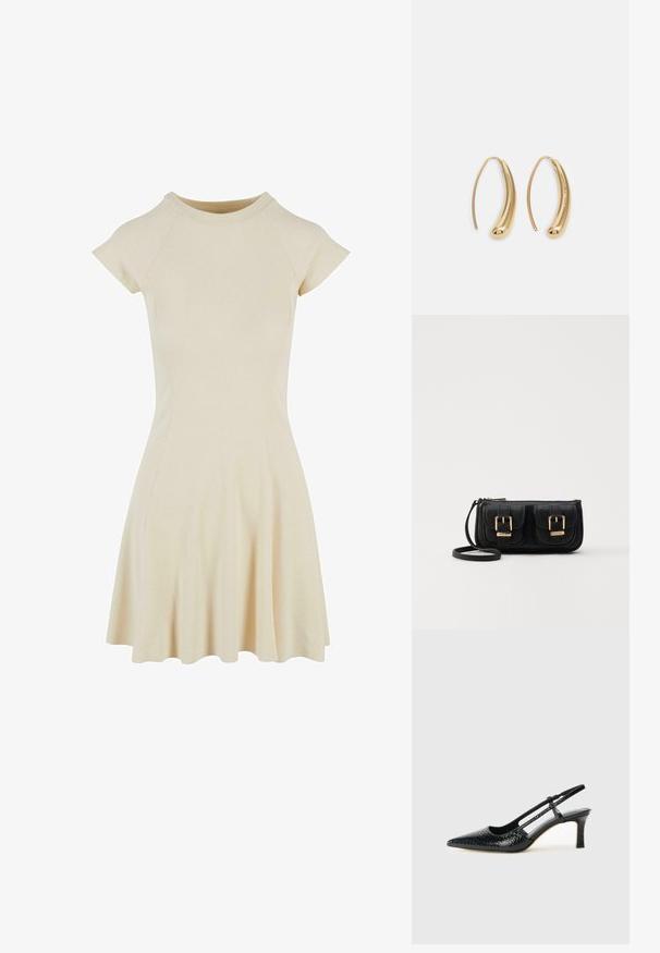 Robe crème côtelée avec un bustier ajusté, des manches raglan courtes et une jupe évasée. Texture lisse et décolleté rond simple.; Escarpin slingback en vernis noir avec un bout pointu, présentant un imprimé serpent texturé, une sangle réglable et un petit talon bloc texturé.; Sac en cuir noir porté en travers avec deux poches avant, boucles dorées, fermeture zippée et une sangle fine. Surface texturée et forme rectangulaire compacte.; Boucles d'oreilles en métal doré en forme d'anneau, avec une forme courbée et allongée. Elles présentent une surface lisse et brillante avec une pointe arrondie pour un détail supplémentaire.