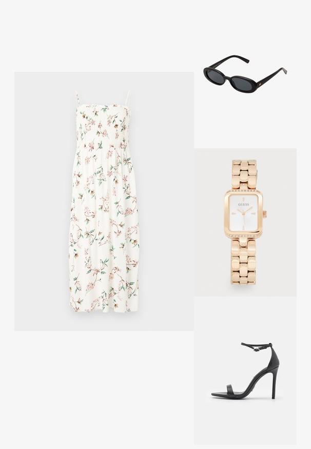 Kvetinové maxi šaty na tenké ramienka so zúženým korzetom; na bielom pozadí sú zelené a ružové kvety. Mäkkučký a ľahký materiál.; Čierne sandále na vysokom podpätku s otvorenou špičkou, tenkými remienkami a prackou na členku. Hladká kožená textúra s dizajnom so špicatou špičkou.; Čierne oversized slnečné okuliare s oválnymi šošovkami, hladkým plastovým rámom a zlatými akcentmi na straniciach. Tmavé šošovky poskytujú ochranu pred slnkom.; Ružovo-zlaté obdĺžnikové hodinky s kovovým remienkom, so zdobením z drahých kamienkov na lunete a bielym ciferníkom s čiernymi indexami a ručičkami.