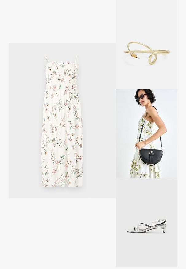 Kvetinové maxi šaty na tenké ramienka so zúženým korzetom; na bielom pozadí sú zelené a ružové kvety. Mäkkučký a ľahký materiál.; Strieborné metalické sandále na podpätku s nízkym podpätkom, s krížovými remienkami a hladkým povrchom. Minimalistický dizajn.; Čierna kožená kabelka s zaobleným tvarom, odnímateľným popruhom a zlatými doplnkami. Kabelka má klopu s detailom s prackou.; Náušnica zo zlato sfarbeného kovu s plynulým, zakriveným dizajnom. Na jednom konci je malý, výrazný strieborný akcent.