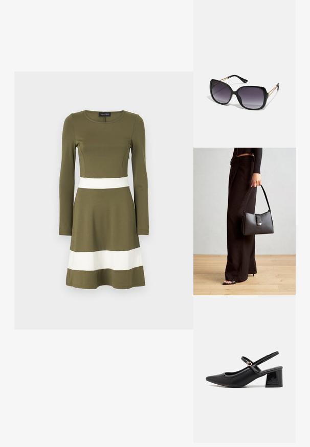 Vestido longo de manga longa verde-oliva com uma faixa horizontal branca na cintura e na barra. Feito de um material liso e elástico. Decote redondo.; Sabrinas de cerâmica preta com salto bloco, bico apontado e um design com recortes arredondados. Apresenta um detalhe em fivela de tom dourado.; Óculos de sol oversized pretos com lentes degradê, armações grossas e detalhes em corrente dourada nas hastes.; Bolsa preta com forma estruturada, textura suave e um fecho metálico. Combinada com calças largas pretas e sandálias de salto aberto sobre um chão de madeira.