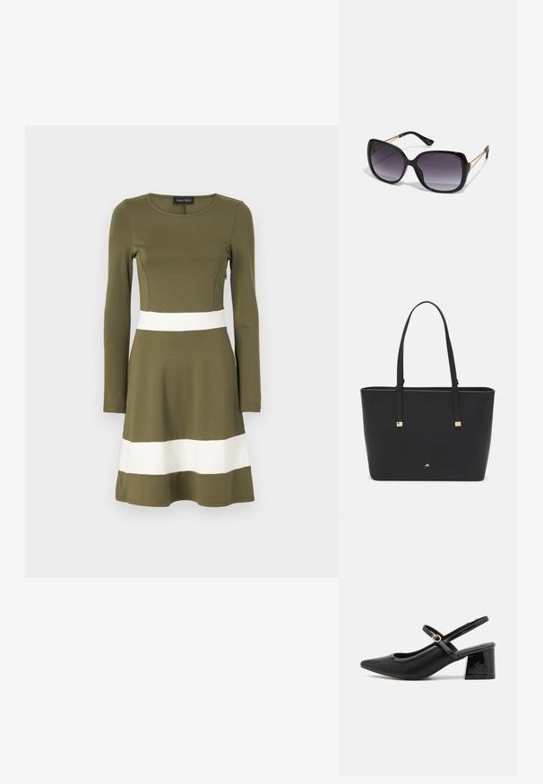 Oliva zöld, hosszú ujjas ruha, fehér vízszintes csíkkal a deréknál és az alján. Sima, elasztikus anyagból készült. Gömbölyű nyakkivágás.; Fekete lakk bőr, pántos magassarkú cipő, hegyes orral, lekerekített kivágással és tömbsarkal. Arany színű csat díszíti.; Fekete, oversize napszemüveg fokozatos árnyalatú lencsékkel, vastag kerettel és arany színű lánc díszítéssel a szárakon.; Fekete tote táska szintetikus anyagból, egyszerű téglalap formájú dizájnnal, arany négyzet díszítésekkel és dupla fogantyúkkal.