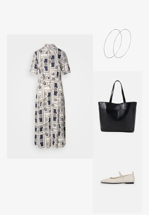En kortärmad, knälång klänning med ett geometriskt mönster i marinblått och krämfärgat, med knappar och krage. Lättviktig tyg.; Vita läder Mary Jane-sandaler med spetsig tå, sidspänne och låg svart klack. Slät yta och minimalistisk design.; Svart läder tote-väska med två långa handtag, en slät yta och en strukturerad form. Har en framficka för extra förvaring.; Silverfärgade hoopörhängen med en minimalistisk design. Cirkulär form, slät yta och tunn profil. Lätta med en polerad finish.
