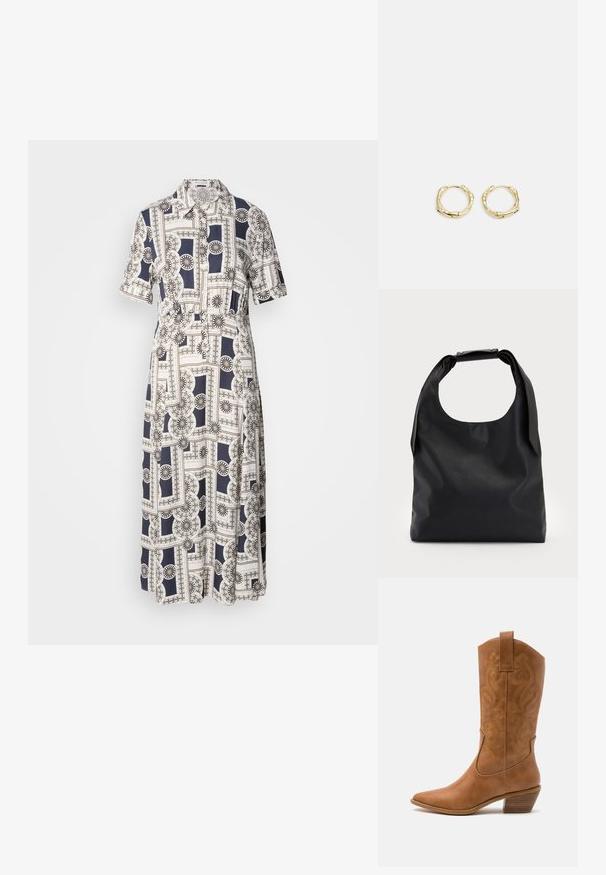 Krátke rukávy, šaty po kolená s geometrickým vzorom v námorníckej a krémovej farbe, s gombíkmi a golierom. Ľahký materiál.; Hnedé kožené kovbojské topánky s špicatou špičkou, vyšívanými vírivkami na štýle a blokovým podpätkom. Obsahuje praktický pútko na ľahké obúvanie.; Čierna kožená hobo taška s jedným mäkkým, zaobleným uchom; má hladkú textúru a minimalistický dizajn. Žiadne viditeľné kovanie ani akcenty.; Zlaté kruhové náušnice s textúrovaným, nepravidelným tvarom. Majú bezšvové uzatváranie a lesklý povrch, čo podčiarkuje moderný dizajn.