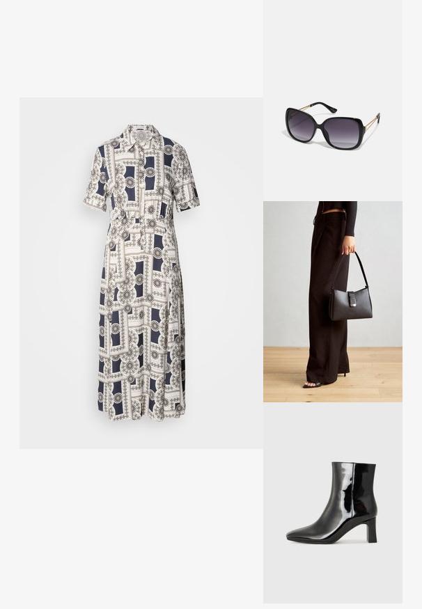 Trumpas rankovėmis, iki kelių ilgis, su geometriniu raštu tamsiai mėlynos ir smėlio spalvos, su sagomis ir apykakle. Lengvas audinys.; Juodos lakuotos odinės aulinukės su smailiu pirštu ir vidutinio aukščio blokuotu kulnu. Lygus paviršius ir minimalistinis dizainas.; Juodos didelės saulės akinių su pereinamais objektyvais, storomis rėmeliais ir auksinės spalvos grandinėmis ant šventyklų.; Juodas rankinė struktūrizuota forma, lygi tekstūra ir metalinis užsegimas. Suporuota su plačiomis juodomis kelnėmis ir atvirais bateliais ant medinių grindų.