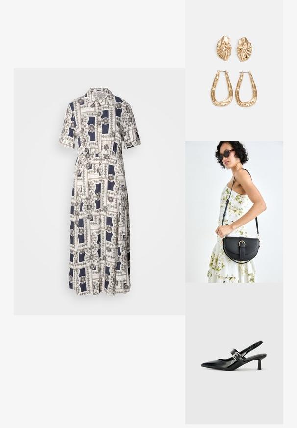 Un vestido de manga corta, hasta la rodilla, con un patrón geométrico en azul marino y crema, con botones y un cuello tipo camisa. Tejido ligero.; Zapatos de tacón en charol negro con tira al tobillo, punta afilada y un pequeño tacón bloque, que cuentan con un acento de hebilla plateada en la correa.; Bolso de piel negra con forma curva, correa desmontable y herrajes dorados. El bolso cuenta con una solapa con un detalle de hebilla.; Pendientes en tono dorado que presentan formas texturizadas y onduladas. Incluyen aros de clip esculturales y un diseño de aro abierto con un acabado martillado.