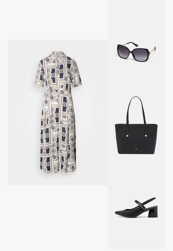 Ein kurzärmliges, knielanges Kleid mit einem geometrischen Muster in Marineblau und Creme, mit Knöpfen und einem kragenlosen Ausschnitt. Leichter Stoff.; Schwarze Lackleder-Slingback-Absätze mit spitzer Zehenform, einem runden Ausschnitt-Design und einem Blockabsatz. Mit einem goldfarbenen Schnallenakzent.; Schwarze übergroße Sonnenbrille mit getönten Gläsern, dicken Rahmen und goldfarbener Kettendetaillierung an den Bügeln.; Schwarze Tragetasche aus synthetischem Material, mit einfachem rechteckigem Design, goldenen quadratischen Akzenten und doppelten Griffen.