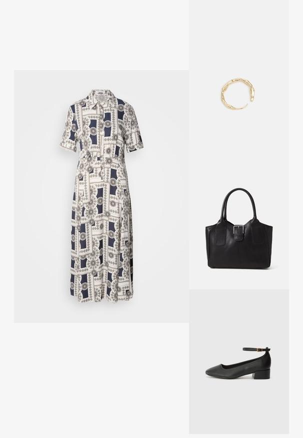 Un abito a maniche corte, lungo fino al ginocchio, caratterizzato da un motivo geometrico in navy e crema, con bottoni e un collo classico. Tessuto leggero.; Pump in pelle nera con punta affusolata e tacco basso a blocco. Presenta una cinghia alla caviglia con una fibbia in tonalità oro. Texture liscia.; Borsa tote in pelle nera con texture liscia, forma strutturata, due manici e un evidente dettaglio in fibbia argentata sul davanti.; Anello in tono oro con un design organico e Twisted, caratterizzato da una superficie liscia e punte affusolate, che crea un aspetto moderno e scultoreo.