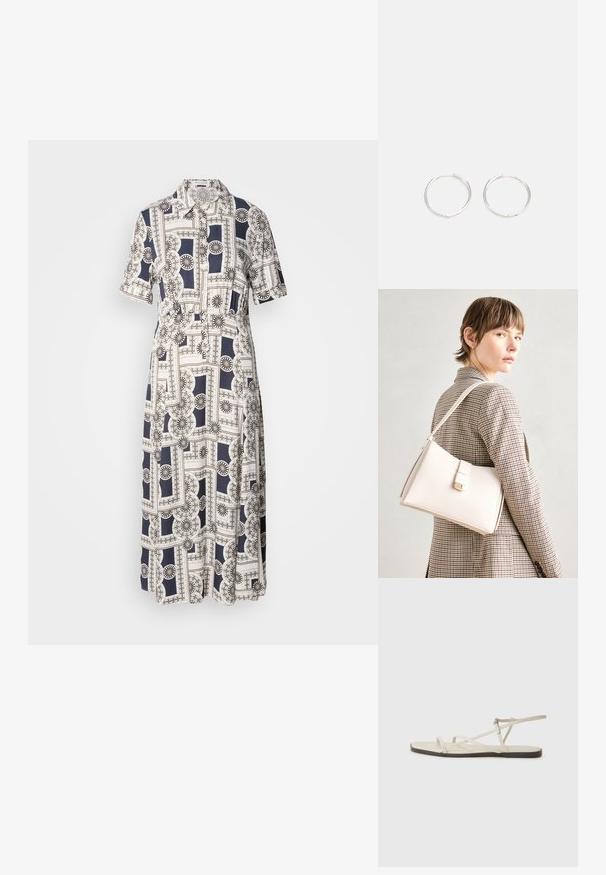 Trumpas rankovėmis, iki kelių ilgis, su geometriniu raštu tamsiai mėlynos ir smėlio spalvos, su sagomis ir apykakle. Lengvas audinys.; Bežiniai plokšti sandalai su keliais lieknais dirželiais ir reguliuojamu užsegimu. Padas plokščias, su lengvu tamsiu kontrastu krašte.; Balto odos rankinė su struktūrizuotu dizainu, turinti magnetinį užsegimą ir petnešą, demonstruojama prieš neutralią foną.; Sidabrinės auskarai žiedai su sėslia, apvalia forma, pasižymintys lygia paviršiumi ir be matomų puošmenų. Svoris nenurodytas.