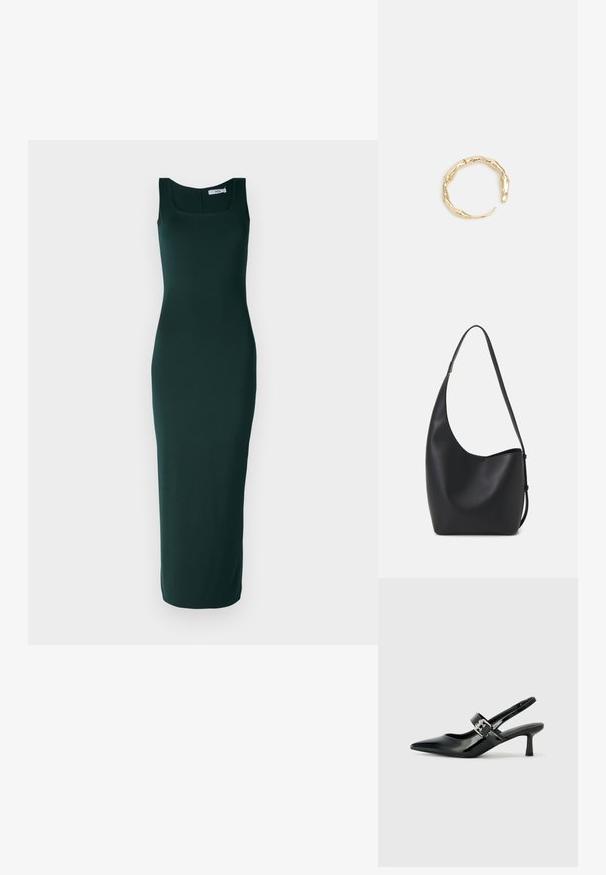 Úzky, bezrukávový šaty z hlbokozelenej látky. Štvorcový výstrih, hladká textúra a dĺžka po členky.; Čierne patentové kožené sandále na podpätku so špicatou špičkou a malým blokovým podpätkom, s dekoratívnou striebornou sponou na remienku.; Čierna kožená hobo taška so hladkou textúrou, zakriveným tvarom a jedným nastaviteľným popruhom; má široké otvorenie na vrchu.; Prsteň v zlatej farbe s organickým, skrúteným dizajnom, hladkým povrchom a zužujúcimi sa koncami, vytvárajúci moderný, sochársky vzhľad.